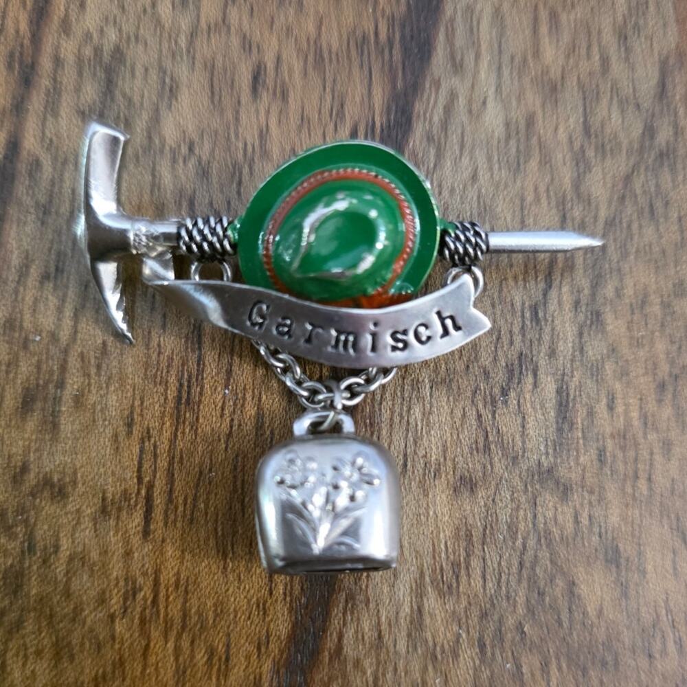 Vintage German Garmisch Enamel Tyrolean Hat Pin Brooch Ice Axe Cowbell Charm